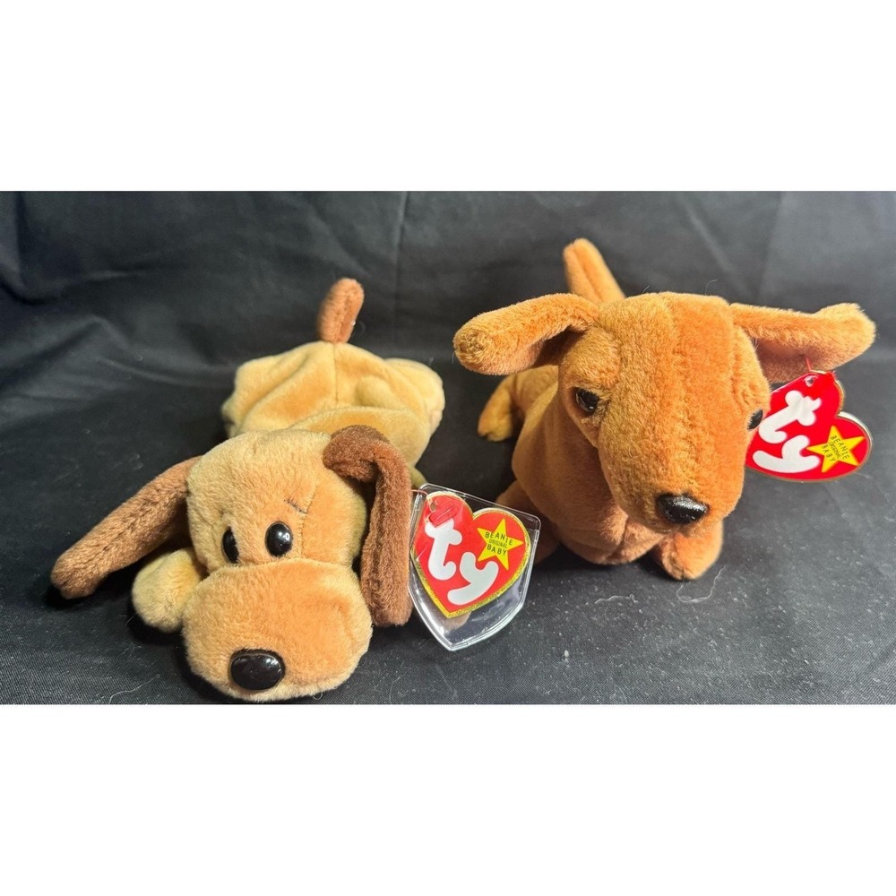 Set of 2 Ty Beanie Babies Bones Dog Plush 1993 1994 Heart Tags PVC Pellets